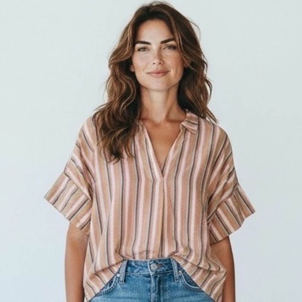 Madewell Button Back Striped Collared Shirt XL Coastal Grandma Slouchy Boho Top